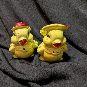 Ceramic yellow bird salt and pepper shakers with red hats